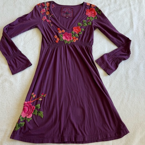 Johnny Was Long Sleeve Flower Embroidered Mini Dress Purple Size XS - Picture 2 of 11